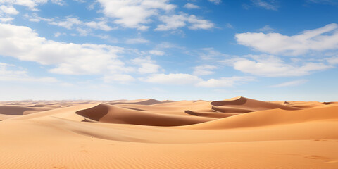 sand dunes in the desert, Sand dunes of the sahara desert., A desert scene with a blue sky and clouds, Generative AI
