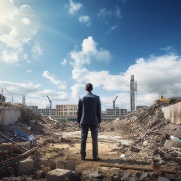 A businessman wearing a suit is standing among the ruins of a building.