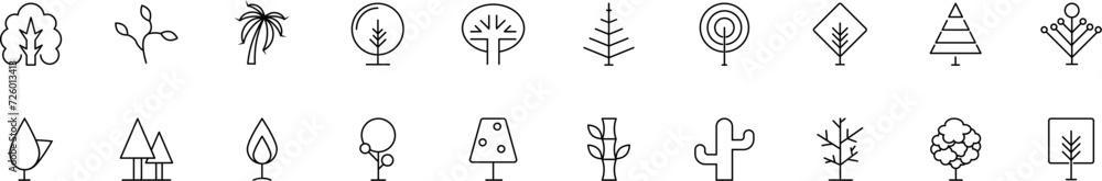 Aufkleber collection of thin line icons of different trees as symbol of forest. linear sign and editable strok