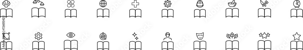Poster collection of thin line icons of various items over opened books. linear sign and editable stroke. s