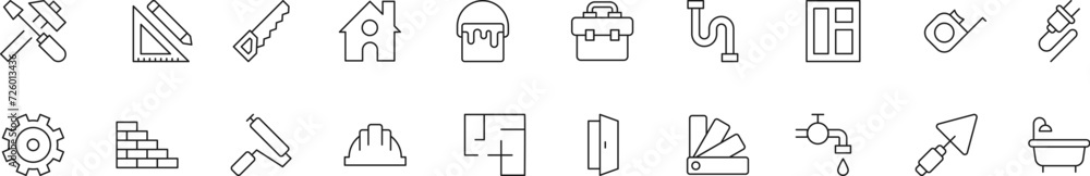 Poster collection of thin line icons of building and renovation. linear sign and editable stroke. suitable 