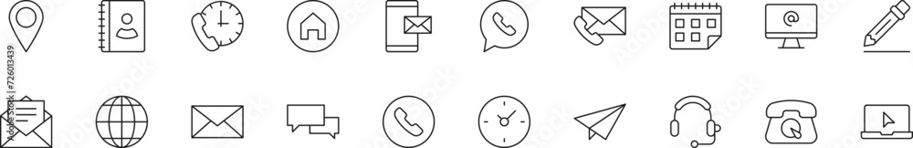 Poster collection of thin line icons of contact us. linear sign and editable stroke. suitable for web sites