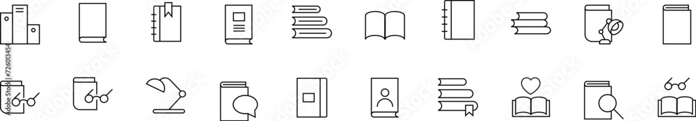 Poster collection of thin line icons of books. linear sign and editable stroke. suitable for web sites, boo