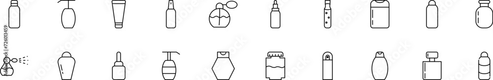 Poster collection of thin line icons of cosmetic bottles. linear sign and editable stroke. suitable for web