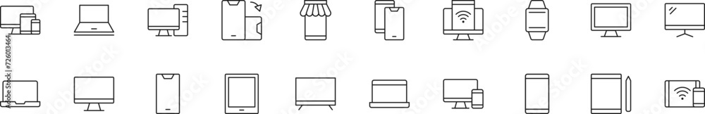 Poster collection of thin line icons of computers, tablets and mobile phones. linear sign and editable stro