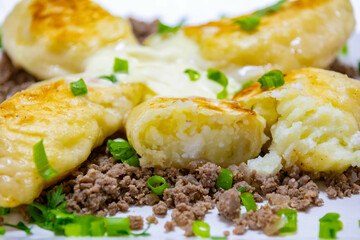 Traditional Ukrainian pierogi grilled in butter and served with minced meat and cream, decorated with fresh fine herbs