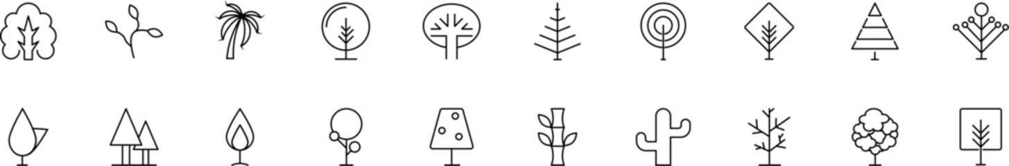 Collection of thin line icons of different trees as symbol of forest. Linear sign and editable stroke. Suitable for web sites, books, articles