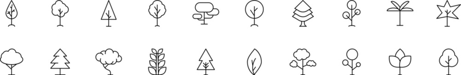 Collection of thin line icons of trees in forest. Linear sign and editable stroke. Suitable for web sites, books, articles - obrazy, fototapety, plakaty
