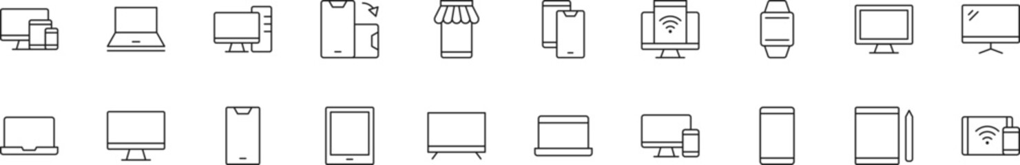 Collection of thin line icons of computers, tablets and mobile phones. Linear sign and editable stroke. Suitable for web sites, books, articles