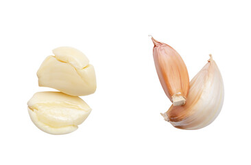 Top view of pounded garlic cloves in set isolated with clipping path in png file format