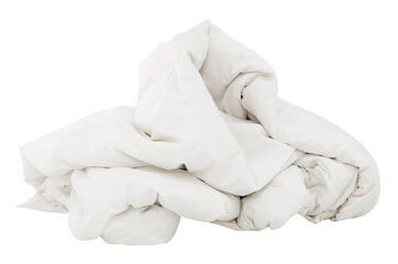 Fototapeta na wymiar White crumpled blanket in hotel room leaved untidy after guest's use over night isolated on white background with clipping path