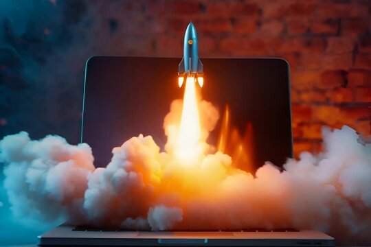 Rocket taking off from the laptop screen, business and startup concept, brick wall in the background.
