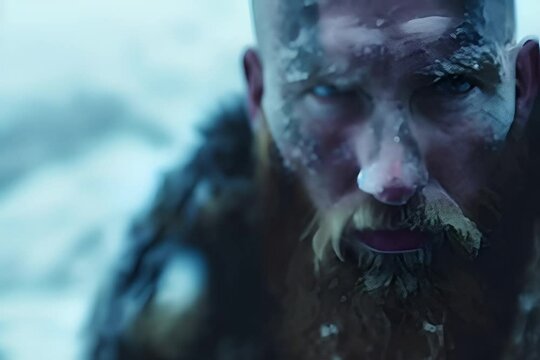 Norse warrior viking man with falling snow, Norse mythology and fantasy concept.