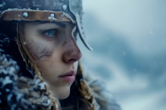 Norse warrior viking woman with falling snow, Norse mythology and fantasy concept.