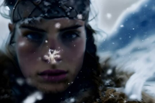 Norse warrior viking woman with falling snow, Norse mythology and fantasy concept.