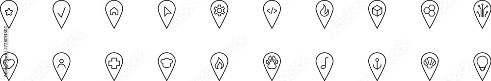 Poster collection of thin line icons of items inside of a map pin. linear sign and editable stroke. suitabl