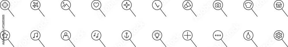 Poster collection of thin line icons of items inside of a magnifying glass. linear sign and editable stroke