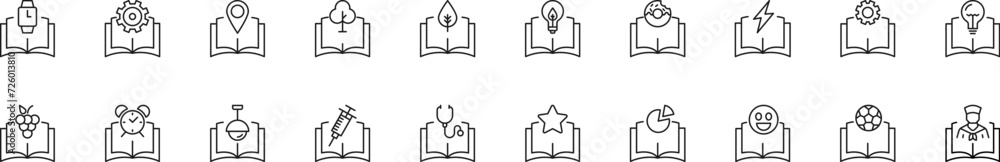 Poster collection of thin line icons of items over books. linear sign and editable stroke. suitable for web