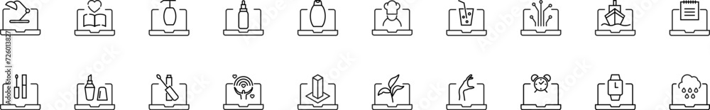 Poster collection of thin line icons of items over books. linear sign and editable stroke. suitable for web