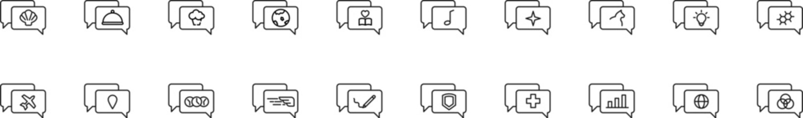 Collection of thin line icons of items inside of speech bubble. Linear sign and editable stroke. Suitable for web sites, books, articles