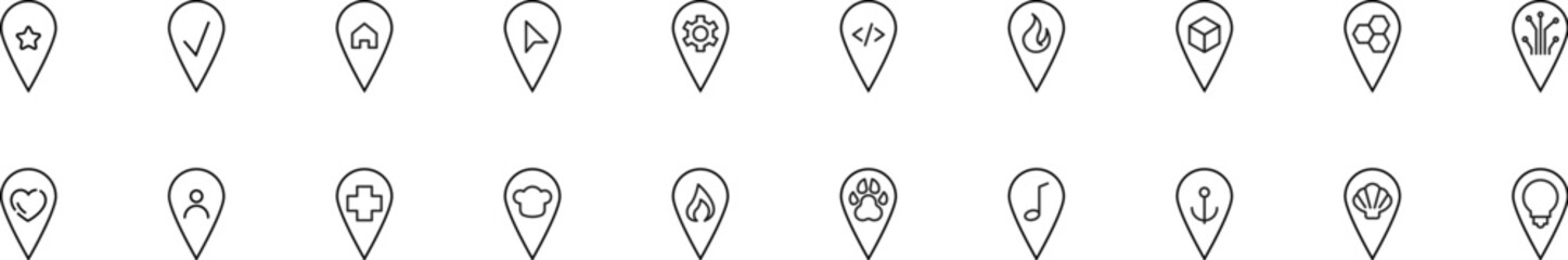 Collection of thin line icons of items inside of a map pin. Linear sign and editable stroke. Suitable for web sites, books, articles