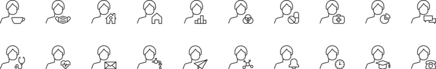 Collection of thin line icons of items by faceless man. Linear sign and editable stroke. Suitable for web sites, books, articles