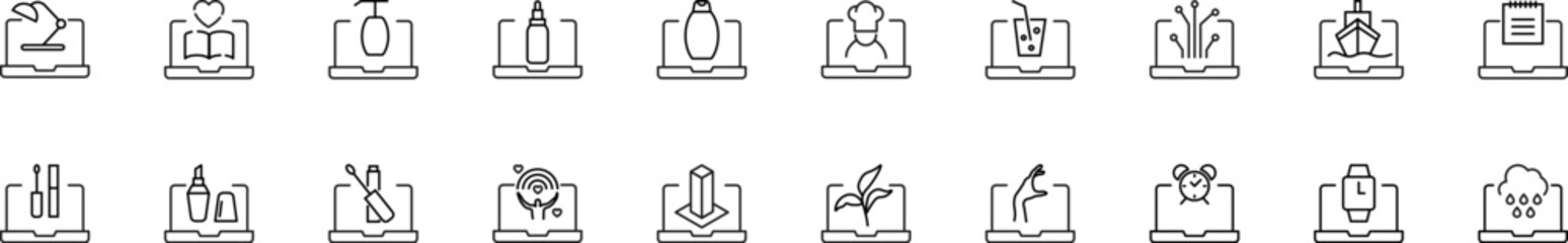 Collection of thin line icons of items over books. Linear sign and editable stroke. Suitable for web sites, books, articles - obrazy, fototapety, plakaty