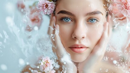 Woman wrapped in water droplets and flowers on light background, moisturized, moisturizing, cosmetic shot, beauty industry advertising concept.