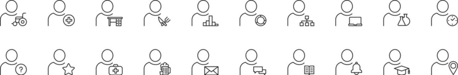 Collection of thin line icons of user with items. Linear sign and editable stroke. Suitable for web sites, books, articles