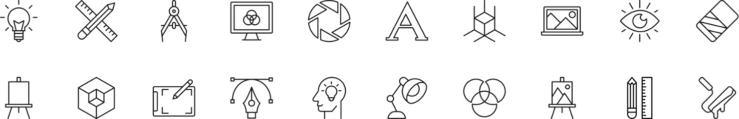 Collection of thin line icons of designer. Linear sign and editable stroke. Suitable for web sites, books, articles