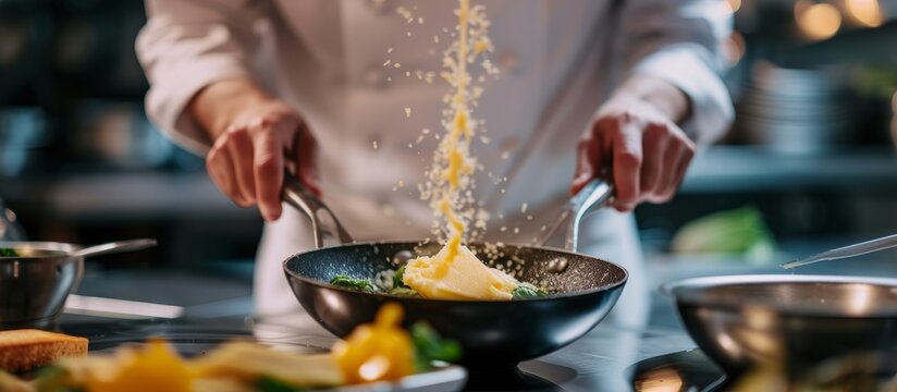 Chef preparing butter in a bowl and cooking parmesan cheese toast in a pan.
