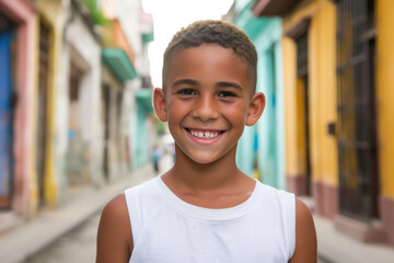 A young boy in a white tank top smiles for the camera