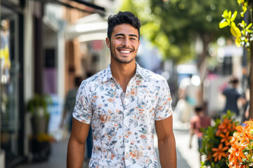 A man wearing a floral shirt smiles for the camera