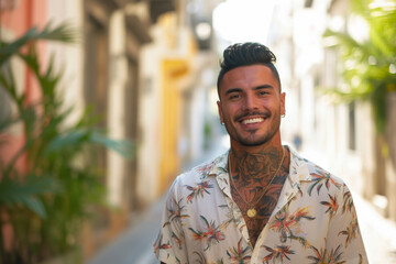 Obraz premium A man with a tattoo on his chest is smiling for the camera