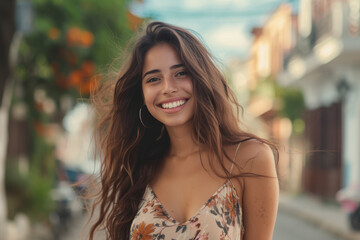 A woman in a floral dress is smiling with her hair blowing in the wind