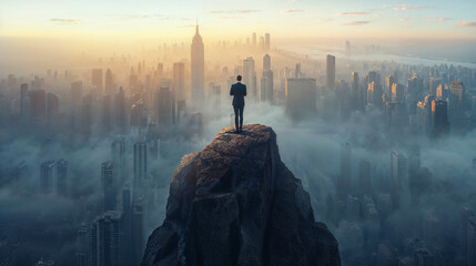 rear view of a businessman standing on the peak of a high mountain, overlooking the big city, at the peak of career concept - 726014441