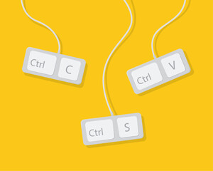 Keyboard shortcuts. Hotkey. Shortcut key. Hotkey combination. Ctrl C, Ctrl V, Ctrl S, copy paste.Computer keyboard and wires. Vector illustration.	
