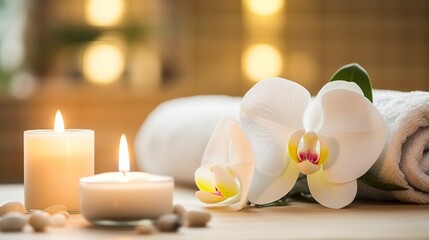 Fototapeta na wymiar decoration Candles are lit. for spa and massage. white frangipani flowers blooming, plumeria, black zen stone, health concept, massage, spa,