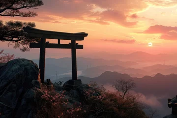 Foto op Plexiglas Sunset Elegance in Japan: Experience the enchanting beauty of Japan's iconic landscape at sunset, as the sun dips below the horizon, casting a serene glow over traditional temples and mountains © Mr. Bolota