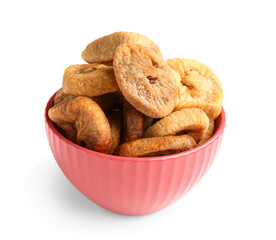 Red bowl with sweet dried figs on white background