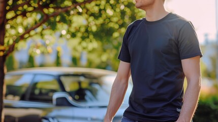 a 35 year old man wearing a black Bella Canvas 3001 T-shirt for a mockup, standing by a car,   - obrazy, fototapety, plakaty