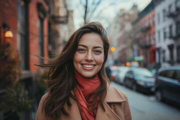 Fototapeta premium A woman wearing a coat and scarf smiles for the camera