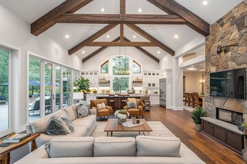 Beautiful living room interior in new luxury home with view of kitchen. Home interior with hardwood floors and open floorplan showing dining room, kitchen, and living room. Has high vaulted ceilings. - obrazy, fototapety, plakaty