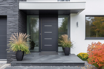 Modern Dark Grey Fiberglass Front Entry Door - obrazy, fototapety, plakaty