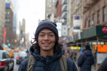 Fototapeta premium A man wearing a beanie and a hooded jacket smiles for the camera