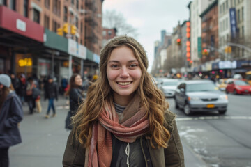 Fototapeta premium A woman wearing a scarf and a hat smiles for the camera
