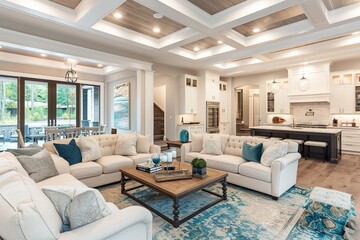 Beautiful and large living room interior with hardwood floors and vaulted ceiling in new luxury home. View of Kitchen, entryway, and second story loft style area