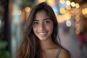 A woman with long hair is smiling with a blurry background