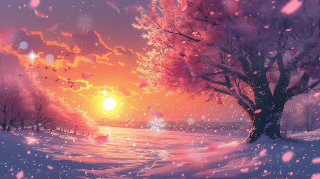 Beautiful winter cherry tree scenery, it is snowing, natural scenery at sunset, seamless looping 4K time-lapse virtual video animation background