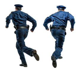Two police men running back view full body shot over isolated transparent background